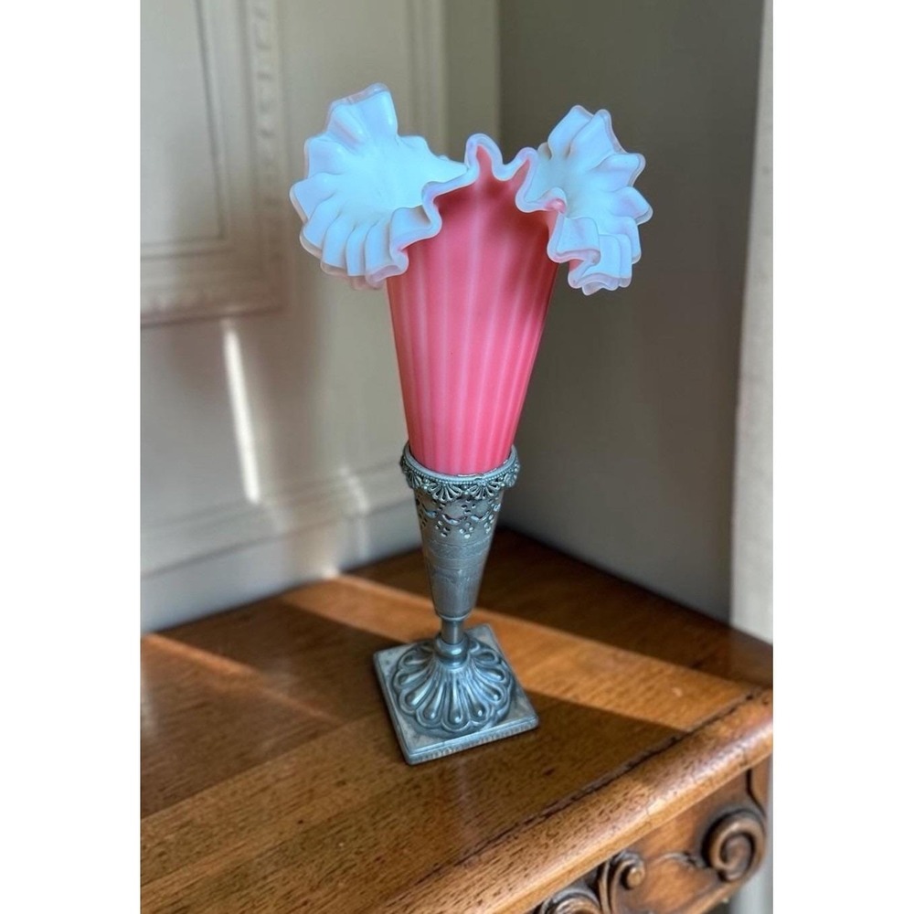 Antique Victorian Uranium Glass Epergne Pink White Ribbed Ruffled Silverplate